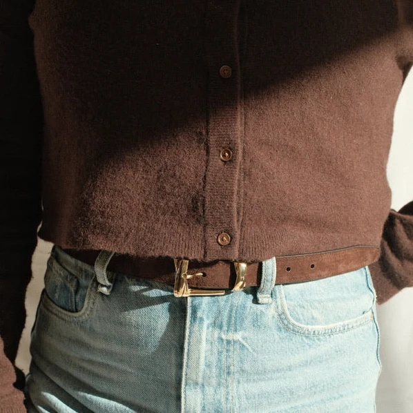 Belt -  Gold Buckle Twist Chocolate Suede - Image 2